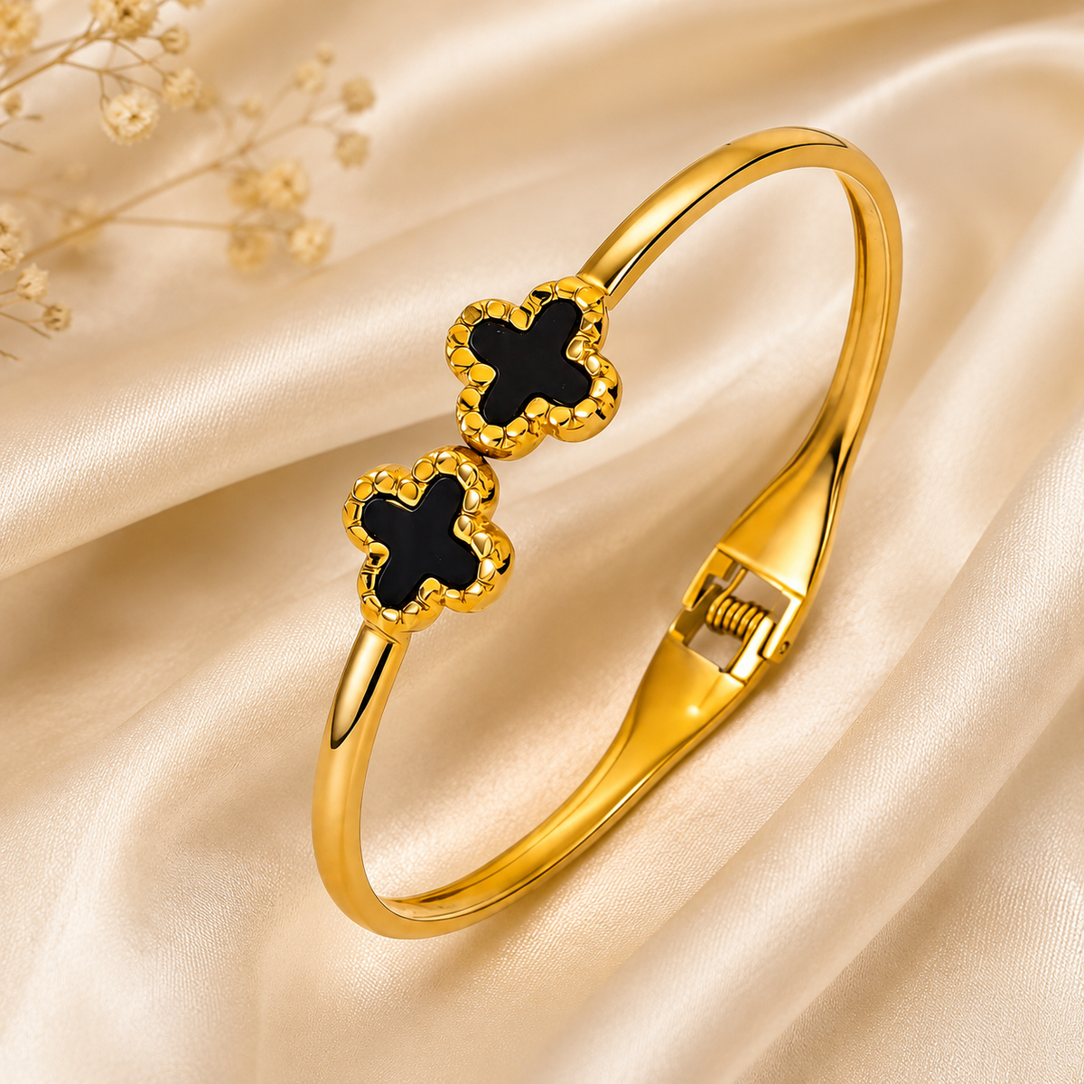 Gold Double Black Ероху Four-leaf Clover Titanium Steel Bracelet