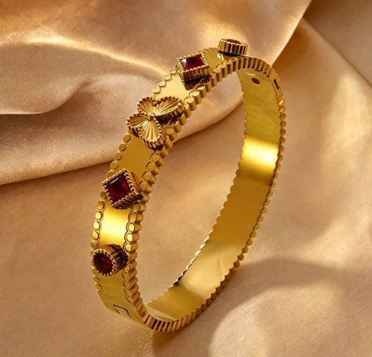 Three-Dimensional Geometric Bangle In Ig Style, 304
Stainless Steel With Pvd Coated 18K Real Gold Plated And Glass Inlay